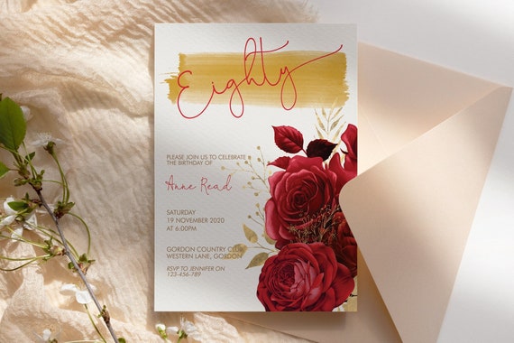 80th Birthday Red Gold Floral Invitation Printable Template, Eighty Editable Birthday Party Invitation for Women, Printable Eighty Party