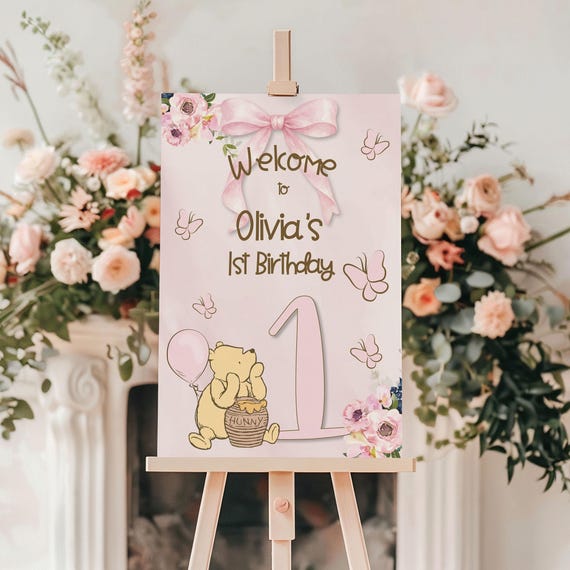 Classic Pooh Pink Bow 1st Birthday Welcome Sign: Little Hunny (Printable Template)