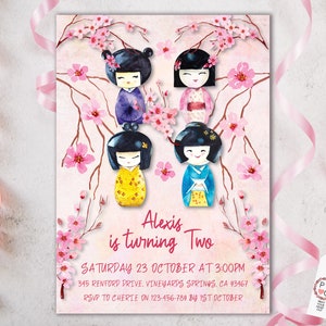 Birthday invite for girls, first birthday invite girl, Kokeshi Invitation, Japanese Doll, Cherry Blossom, Japanese tea invite, sweet, pink