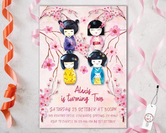 Birthday invite for girls, first birthday invite girl, Kokeshi Invitation, Japanese Doll, Cherry Blossom, Japanese tea invite, sweet, pink