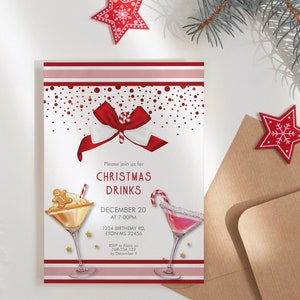 May include: Christmas drinks invitation with a red and white bow, two cocktail glasses, and the text "CHRISTMAS DRINKS". The invitation includes the date, time, and location. A brown envelope and red star decorations are also visible.