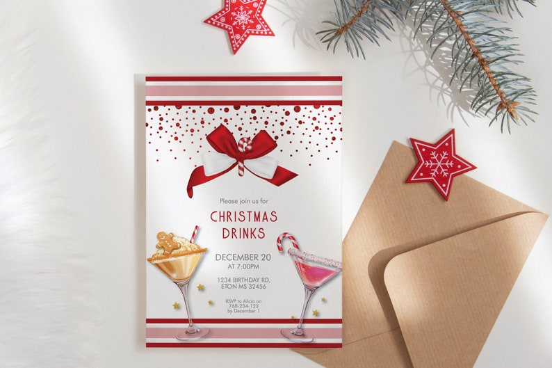 May include: Christmas drinks invitation with a red and white bow, two cocktail glasses, and the text "CHRISTMAS DRINKS". The invitation includes the date, time, and location. A brown envelope and red star decorations are also visible.