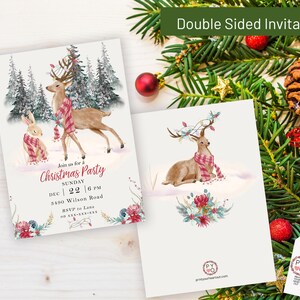 May include: Double-sided Christmas party invitation featuring a watercolor illustration of a deer and a rabbit wearing scarves. The invitation includes the text "Christmas Party" and event details. The design is set against a snowy winter scene.