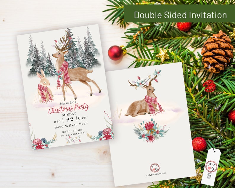 May include: Double-sided Christmas party invitation featuring a watercolor illustration of a deer and a rabbit wearing scarves. The invitation includes the text "Christmas Party" and event details. The design is set against a snowy winter scene.