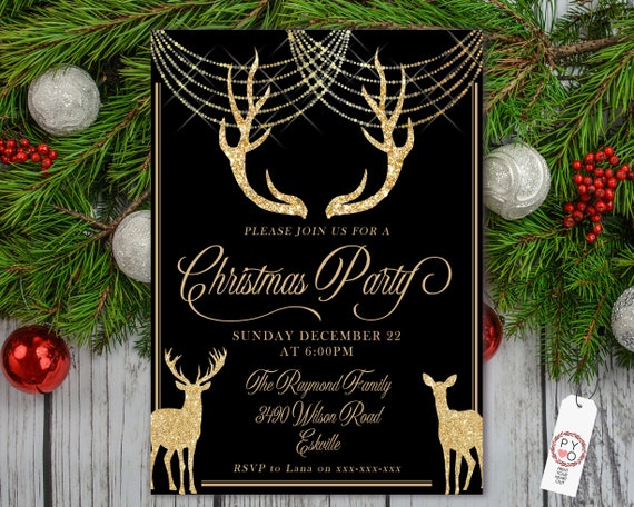 Gold Deer Lights Christmas Party Invitation, Gold Glitter Invitation, Sparkling Invite, Friends Family Xmas Party at Home, Reindeer Antlers