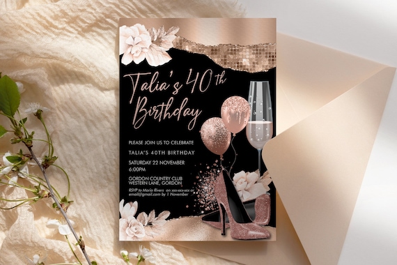 Rose Gold Birthday Heels Balloons Invitation Printable Template, Cream Flowers Glitter Editable Party Invitation for Women, Printable Card