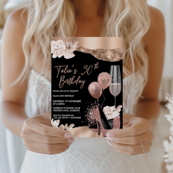 Rose Gold 30th Birthday Invitation – Heels, Balloons, Flowers (Editable Template)