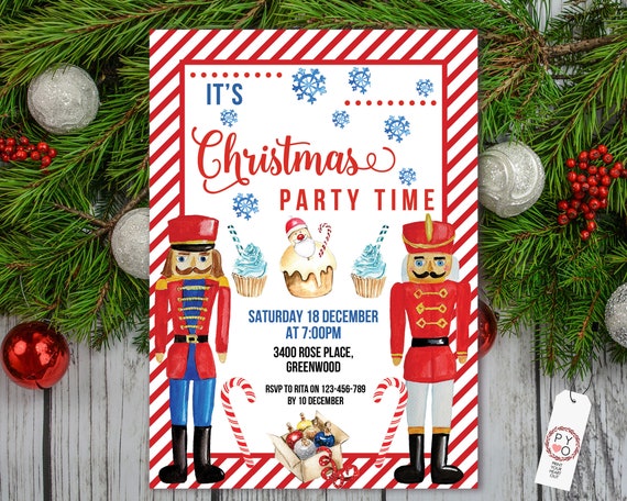 Red Blue Nutcracker Candy Cane Birthday Christmas Party Invitation, Soldier King Invite, Traditional, Xmas Party, Boys  Girls Celebration