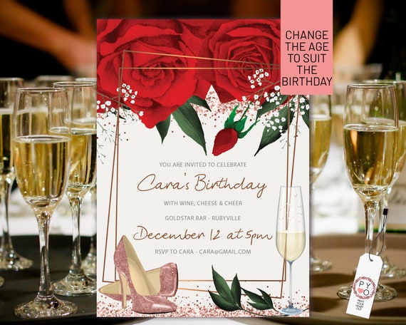 Watercolor Red Roses Champagne Birthday Invitation Printable Template, Any Age Editable Shoes Birthday Invitation, Printable Floral Invite