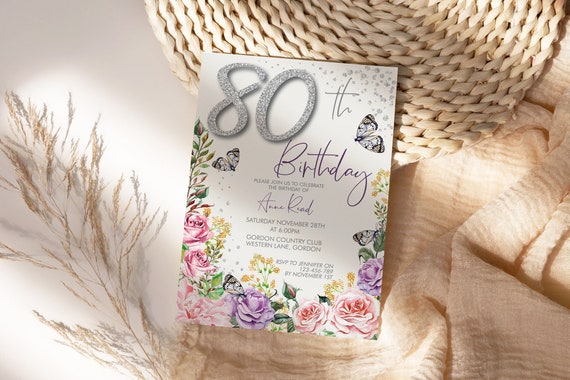 Any Age 50th 60th 70th 80th 90th 100th Birthday Mauve Silver Glitter Number Floral Invitation Template, Butterfly Edit Party Invite Women