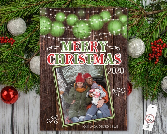 Printable Christmas Card, Green Lantern Photo Card, Rustic Lights, Friends Family Xmas Card, DIY Holiday Photo Card, Insert Photo