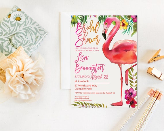 Flamingo Bridal Shower Invitation, Pink Flamingo Art, Flamingo invitation, Flamingo Printables, Watercolor flamingos, Luau, Tropical Shower