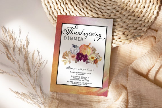 Thanksgiving Dinner Party Invitation, Watercolor Pumpkin Invite, Friends Family Party at Home, Turkey Dinner Invite, Fall Autumn Floral