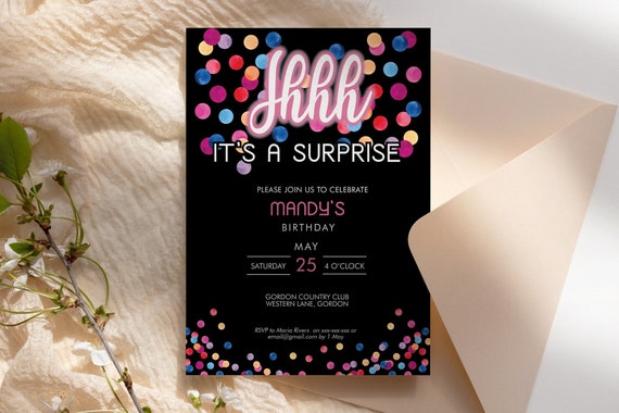 Shhh Its a Surprise Birthday Confetti Invitation Printable Template, Black Pink Editable Birthday Party Invitation for Any Age, Secret Party