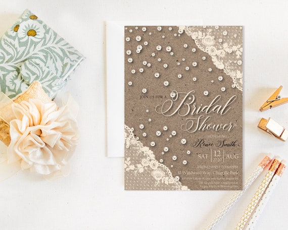 Ivory Lace Pearls Bridal Shower Invitation, Kraft Rustic Cream Shower Invitation, Printable Bridal Shower, Editable Template, Country Charm