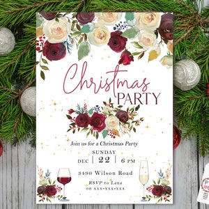 May include: A Christmas party invitation with floral decorations. The invitation has the words "Christmas PARTY" in a burgundy script font. The invitation includes details for a Christmas party, including the date, time, and location.