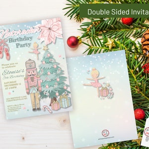 May include: Double-sided invitation for a Nutcracker-themed birthday party. The front features a pink and blue design with a nutcracker, Christmas tree, and ballerina. The back shows a ballerina and gifts. Text includes "Nutcracker Birthday Party" and "Elouise's 5th Birthday".