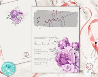 80th Birthday Lavender Silver Floral Invitation Printable Template, Eighty Editable Birthday Invitation for Women, Printable Eighty Party