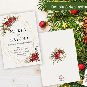 May include: A double-sided invitation card featuring a gold geometric frame, red poinsettia floral accents, and the text MERRY and BRIGHT, Join us for a Christmas Dinner Party, Sunday Dec 22 6 PM, 3490 Wilson Road, RSVP to Lana on XXX-XXX-XXX.