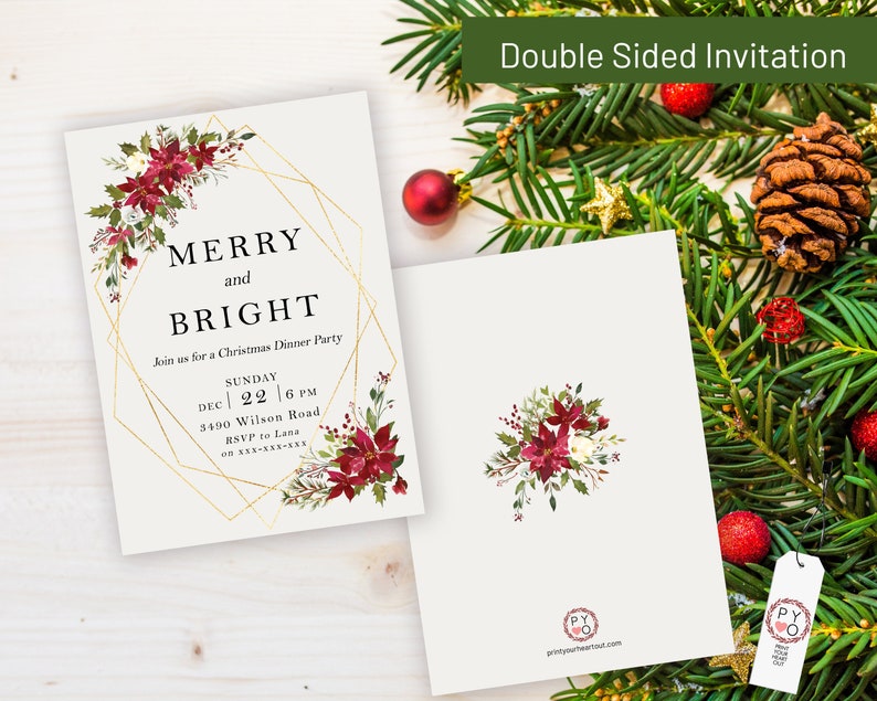 May include: A double-sided invitation card featuring a gold geometric frame, red poinsettia floral accents, and the text MERRY and BRIGHT, Join us for a Christmas Dinner Party, Sunday Dec 22 6 PM, 3490 Wilson Road, RSVP to Lana on XXX-XXX-XXX.