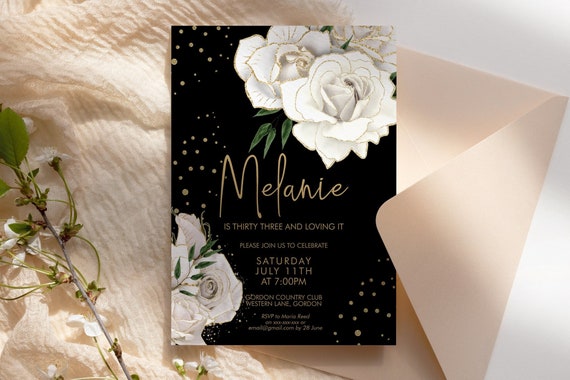 White Gold Glitter Floral Birthday Invitation Printable Template, Ivory Flower Editable Party Dinner Women, Pastel Any Age Black Invite