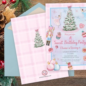 May include: A pink and blue birthday party invitation with a watercolor design. The invitation features a Christmas tree, ballerinas, and nutcrackers. Text reads "A Sweet Birthday Party" and includes party details.