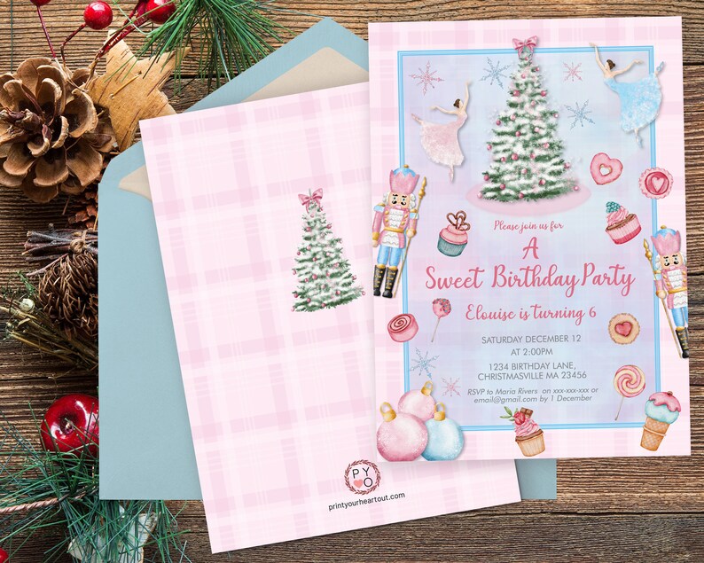 May include: A pink and blue birthday party invitation with a watercolor design. The invitation features a Christmas tree, ballerinas, and nutcrackers. Text reads "A Sweet Birthday Party" and includes party details.
