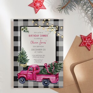 Red Truck Christmas Birthday Invitation, Buffalo Check, Rustic Party (Digital Download) image 2