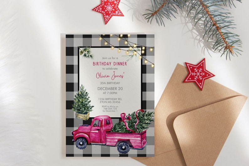 Red Truck Christmas Birthday Invitation, Buffalo Check, Rustic Party (Digital Download) image 2