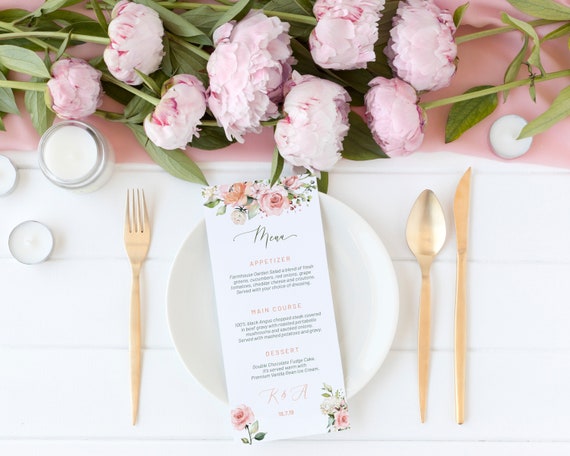 Pink Floral Wedding Menu, DIY Editable Menu, Menu Cards, Printable Menu, Blush Rose Wedding Menu, Party Menu, Menu Download, Flowers Menu
