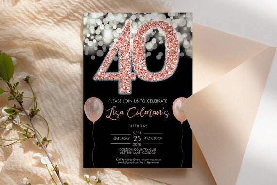 DIY 40th Birthday Rose Gold Glitter Confetti Invitation Printable Template, Black Pink Balloon Glitter Editable 40 Birthday Party Invitation