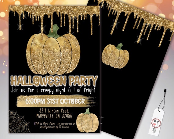 Halloween Gold Pumpkin Glitter Drip Invitation Printable Template, Glitter Pumpkin Party Invite, Printable Spooky Fright Night Invite