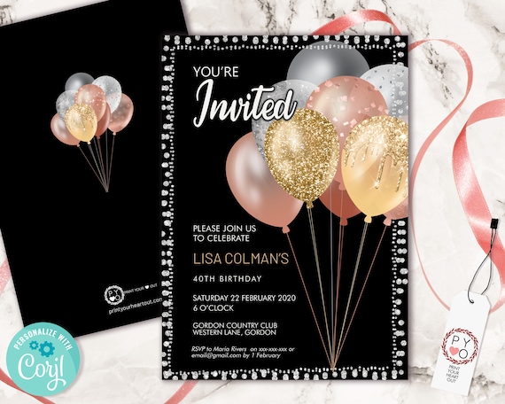 Metallic Birthday Balloons Invitation Printable Template, Black Gold Silver Glitter Editable Birthday Party Invitation for Women, Printable