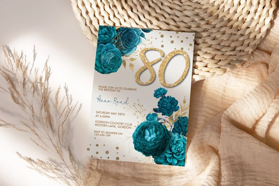 Any Age 50th 60th 70th 80th 90th 100th Birthday Teal Gold Glitter Number Floral Invitation Template, Turquoise Editable Party Invite Women