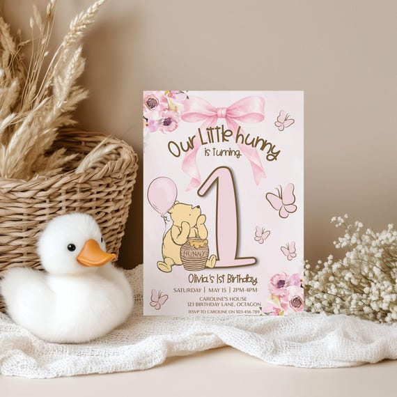 Winnie-the-pooh pink bow 1st Birthday Invitation: little hunny turning 1, honey pot (Printable Template)