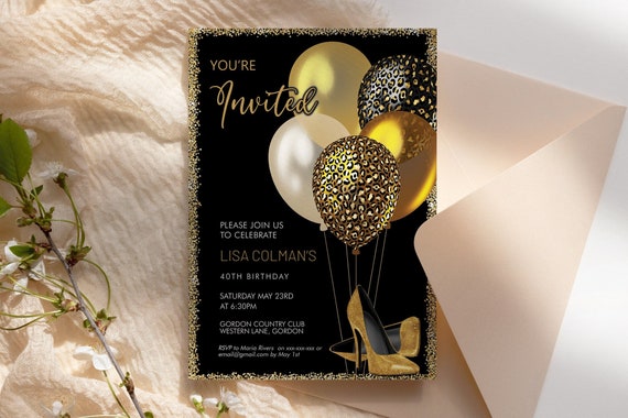 Gold Leopard Birthday Balloons High Heels Invitation Printable Template, Black Gold Glitter Safari Editable Birthday Party Women, Shoes