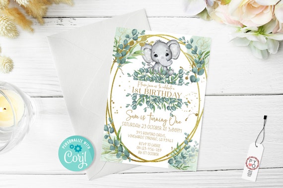 Elephant 1st Birthday Invitation Printable Template, Eucalyptus One Editable, Number 1st First Birthday, Tropical Greenery Gold Glitter