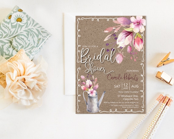 Country Floral Watering Can Bridal Shower Invitation, Kraft Country Flowers Shower Invitation, Printable Bridal Shower, Editable Template