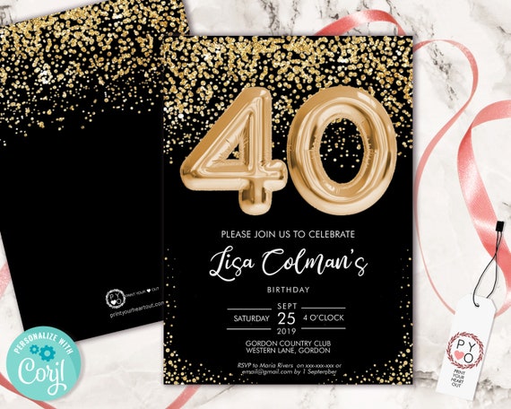 DIY 40th Birthday Foil Balloon Confetti Invitation Printable Template, Black Gold Balloon Glitter Editable 40 Birthday Party Invitation