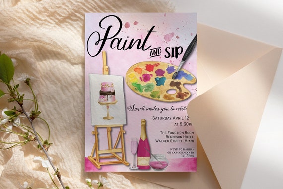 Paint and Sip Pink Gold Invitation Printable, Drinks Editable Birthday Party Women, Printable Card, Champagne Paint Party, Easel, Brushes