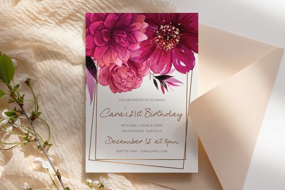 Big Hot Pink Watercolor Flower Birthday Invitation Printable Template, Any Age Designer Rosegold Editable Invite Women Printable Floral Card