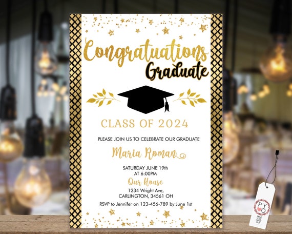 Congratulations Gold 2024 Graduation Invitation Printable Template, Gold  Invitation, Graduate Editable Invite, High School, College Grad