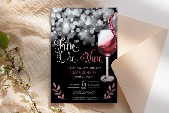 Wine Birthday Invitation Printable Template, Black White Sparkle Editable Birthday Party Invitation for Women, Printable Red Wine Invite