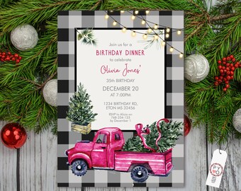 Red Truck Christmas Birthday Invitation, Buffalo Check, Rustic Party (Digital Download)