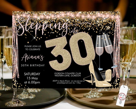 Stepping into 30 Birthday Invitation Printable Template, Sparkle Horizontal Gold Heels Champagne Party Women, Printable gold lights Invite