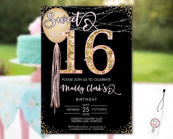 Sweet 16 Party Invitation Printable Template, Black Editable Invitation, 16th Birthday, Pink Gold Balloon Invite, 16 Dinner Editable Invite
