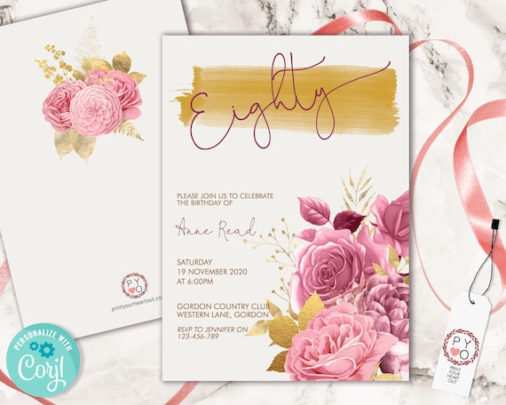 80th Birthday Pink Gold Floral Invitation Printable Template, Eighty Editable Birthday Party Invitation for Women, Printable Eighty Party