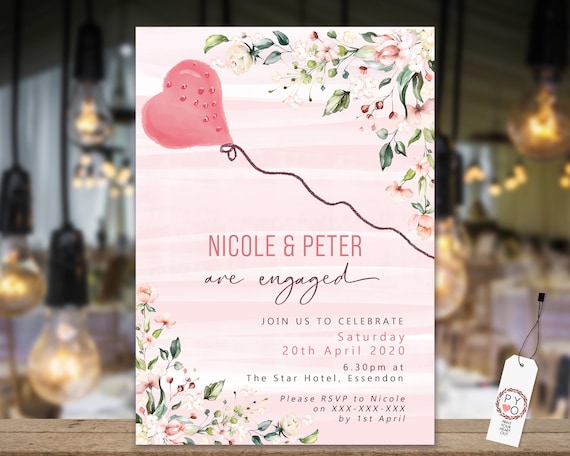 Pink Roses Heart Balloon Engagement Invitation, Printable Invitation, Blush Engagement Invite, Couples Shower, Wedding Invite, Romantic