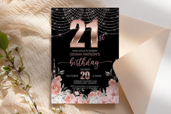 DIY Any Age Birthday Rosegold Number Invitation Printable Template, Pink Floral Diamond Editable Glam 21 Birthday Party Invite for Women