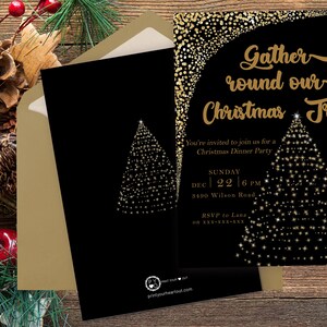 May include: Black Christmas invitation with gold glitter accents. The invitation reads "Gather round our Christmas Tree" and includes details for a Christmas Dinner Party. The back of the invitation features a gold star tree design.